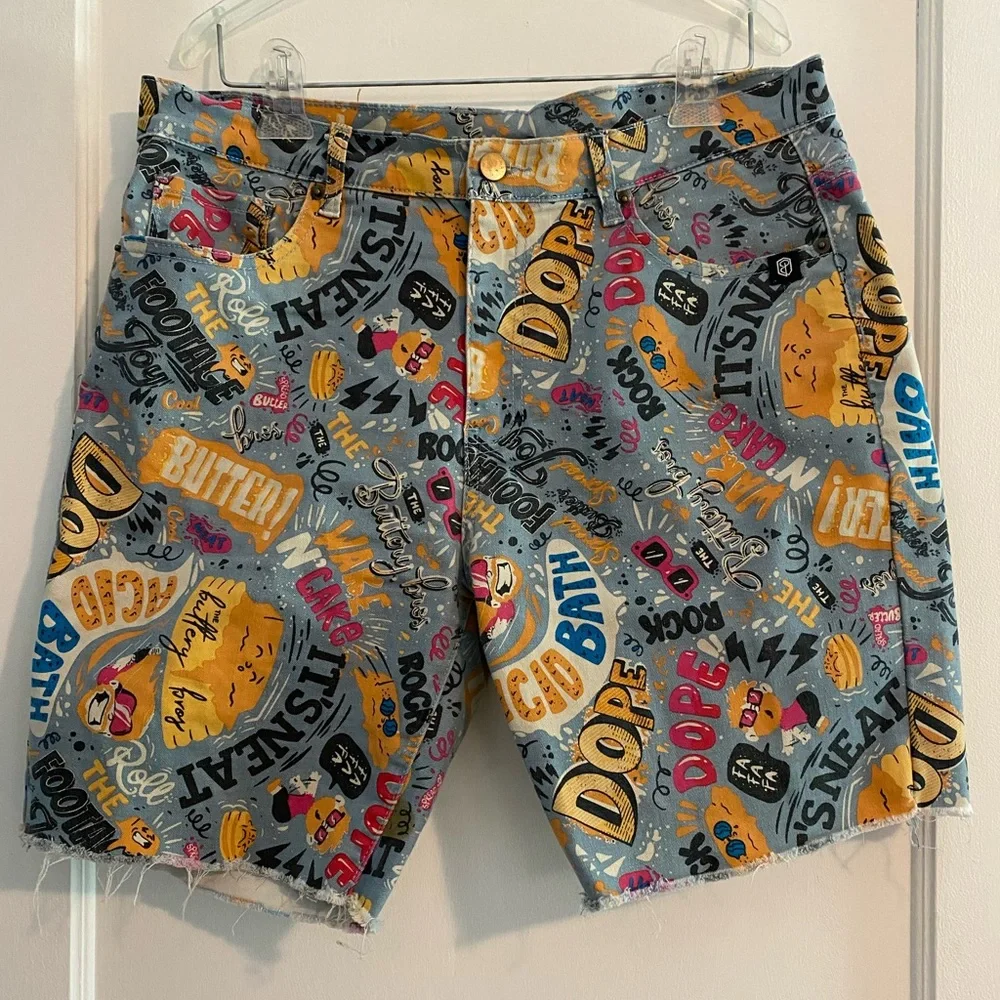 Born Primitive x Buttery Bros Men's Graphic Print Denim Shorts Jorts Size XL
